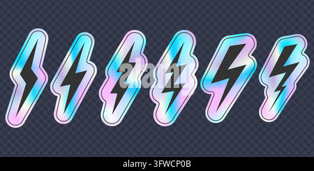 Y2K hologram sticker with iridescent lightning bolt and gradient foil texture. 3D icons with metallic thunder energy flash on rainbow chrome Stock Vector