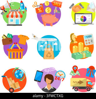 Internet Shopping, Delivery and Cargo Detailed Flat Icon Set for e-commerce with money, truck, gift symbols. Vector isolated on white. Stock Vector