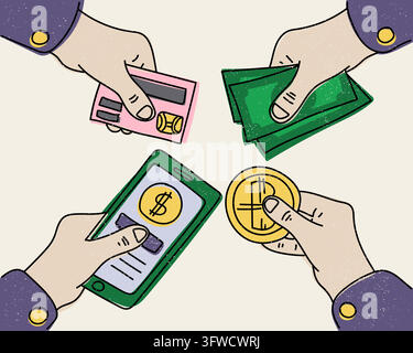 Payment methods in four human hands vector concept. Human hands purple sleeves holding different payment tools arranged around center including pink c Stock Vector