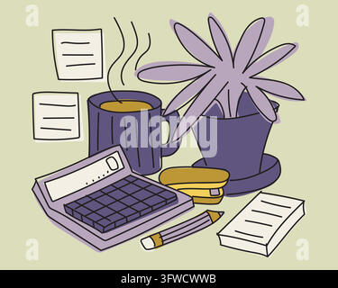 Accounting desk calculator coffee cup office supplies vector illustration. Office desktop arrangement featuring purple electronic calculator mug steam Stock Vector
