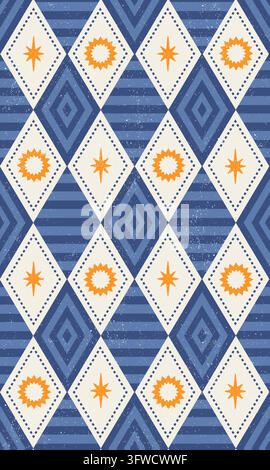 Geometric rhombus celestial star diamond seamless pattern vector background. Classic argyle vintage harlequin texture featuring yellow sun stars neste Stock Vector