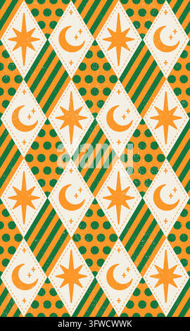 Celestial rhombus geometric circus argyle seamless pattern vector background. Vintage harlequin diamond ornament combining orange crescent moons brigh Stock Vector