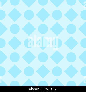Geometric shapes rhombus circles blue seamless pattern vector background. Light blue wallpaper featuring alternating rows round diamond shapes design Stock Vector