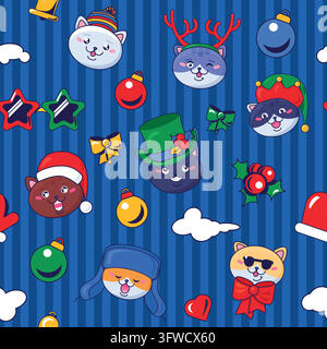 Christmas Seamless Pattern with Cute Cat Faces and Holiday Icons. Colorful festive background with cartoon cat faces, bows, stars, ornaments, hearts, Stock Vector