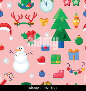 Christmas Seamless Pattern with Snowman and Holiday Icons. Colorful festive background with snowman, Christmas tree, reindeer antlers, gifts, ornament Stock Vector