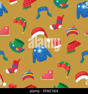 Christmas Seamless Pattern with Winter Clothes and Holiday Icons. Colorful festive background with hats, socks, sweaters, boots, hearts, bows, and sea Stock Vector