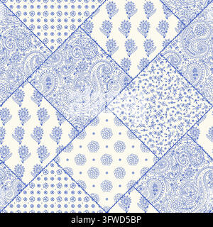 Seamless ethnic patchwork pattern with monochrome blue paisley motifs and stitched square tiles. Vintage floral boho vector repeat Stock Vector