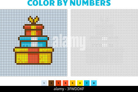Color by numbers. Children coloring page with gift boxes. Present box with bow and ribbons, pixelated play for kids. Birthday, Christmas party, vector Stock Vector