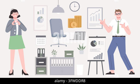 Office elements. Banking financial businesspeople. Time management, furniture, different work equipment, charts, money. Administration, investment Stock Vector