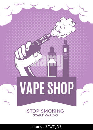 VAPE SHOP poster template with hand holding mod e liquid bottle and vapor cloud vector illustration Stock Vector