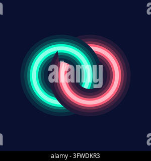 Two interlocked glowing neon rings in teal and coral woven over and under each other, luminous halos on dark navy background Stock Vector