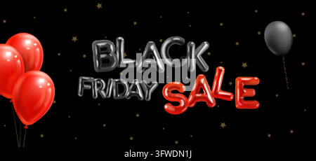 Black friday balloon poster. 3d red balloons inflatable letters figure with golden ribbon gold stars, holiday shopping sale background promotion banner realistic vector illustration original artwork Stock Vector