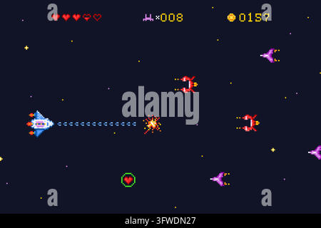Spaceship arcade. Space battle retro 8bit game pixel art, alien rocket ship galaxy explosion ufo star ship battle war vintage machine computer shuttle 16 bit vector illustration original artwork Stock Vector