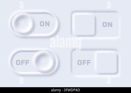 Neumorphism switch buttons. 3d neomorphism ui toggle button, unlock lock on off slider bar realistic shadow web minimal clean ux design bevel white background vector illustration original artwork Stock Vector