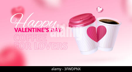 Realistic valentine coffee. 3d coffee paper cup with pink heart lid for lovers couple, two cups caffeine hot drink love beverage romantic banner text mockup vector illustration original artwork Stock Vector