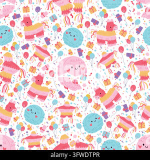 Multicolored paper pinatas filled with sweets, gifts, and toys. Mexican party seamless pattern. Present boxes. Birthday celebration. Llama cardboard Stock Vector