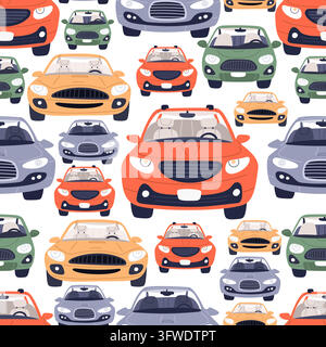 Multicolored driverless cars seamless pattern. Automobiles traffic. City transport parking and driving. Machines front view. Repeated print Stock Vector