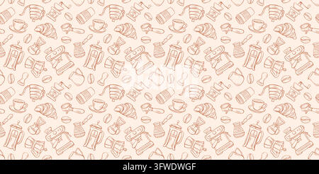 Coffee brewing tool, cup, beans and pastry in seamless line art style pattern. Cafe culture and specialty coffee concept. Espresso making and home Stock Vector