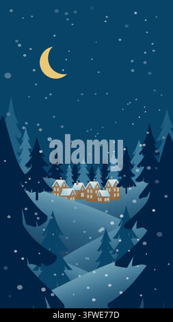 Winter night of a cozy snow village in a pine forest with crescent moon and falling snowflakes. Background for social media for the Christmas and New Stock Vector