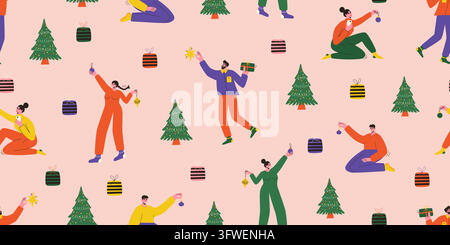 Festive seamless pattern with people decorating Christmas trees, hanging ornaments and holding gifts. Colorful holiday illustration for gift wrap, fab Stock Vector