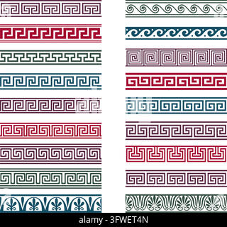 Vector seamless set of different Greek ornaments. Meander borders, frames of Ancient Greece. Stock Vector