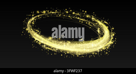 Golden neon lines sweep through sparkling dust with bright flares. Circular light trails create festive energy for luxury backgrounds, glowing effects Stock Vector