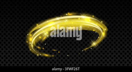 Golden light swirls with twinkling sparkles and shimmering particles. Rotating brush strokes form magical circular motion for festive graphics and ele Stock Vector