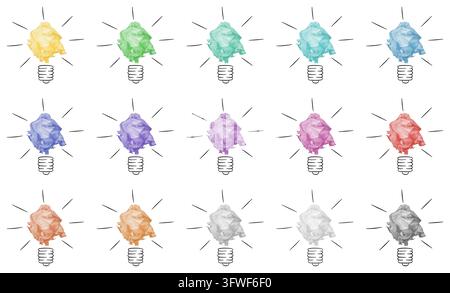 Large collection of conceptual lightbulbs made of multi colored crumpled paper balls in a grid layout. Vision of corporate innovation, brainstorming p Stock Photo