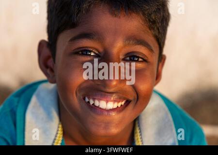 Close up portrait of a smiling boy, Western Province, Negombo, Sri Lanka Stock Photo