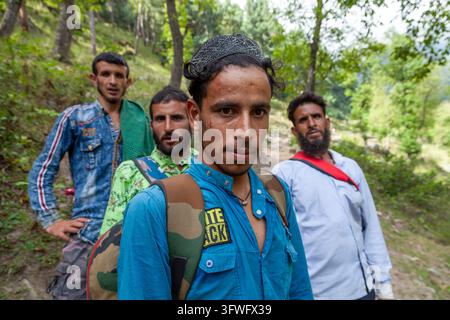 Four young Gujjar men standing together on a forest slope, Jammu and Kashmir, Kangan, India Stock Photo