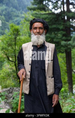 Elderly Gujjar man with a white beard and black turban holding a cane, Jammu and Kashmir, Kangan, India Stock Photo