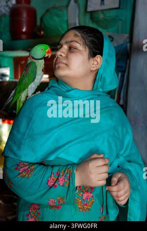 Young woman in a turquoise headscarf with a parakeet on her shoulder, Jammu and Kashmir, Srinagar, India Stock Photo