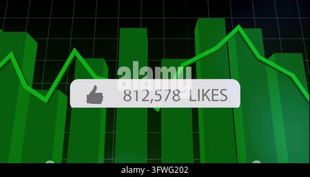 Showing white rounded likes badge with thumbs-up and 812,578 LIKES on dark grid with green polyline Stock Photo