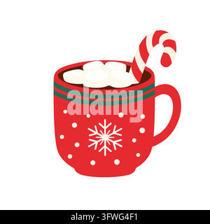 Warm winter drink with marshmallows and candy cane in a red Christmas mug Stock Vector