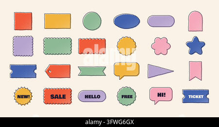 A collection of various colorful retro pop art labels, tags, badges, and speech bubbles with a halftone texture. Stock Vector