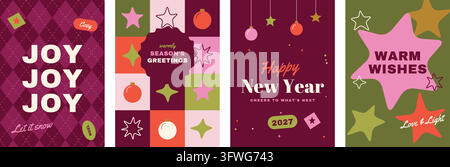 A collection of four colorful holiday and New Year greeting card designs featuring stars, ornaments, and festive typography on patterned backgrounds. Stock Vector