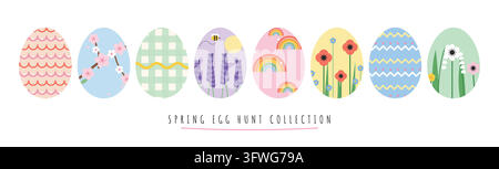 A collection of eight colorful Easter eggs decorated with spring floral patterns, rainbows, and check designs. Stock Vector