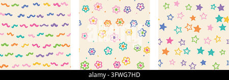 A set of three cute, modern, seamless patterns featuring playful hand-drawn doodles, colorful flowers, stars, and abstract lines on a light background Stock Vector
