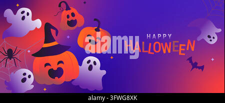 Cute Halloween banner in neon colors. Fun monsters - pumpkins, bat, ghosts and spider. Design for web, flyers, posters, banners, ad, social media, promo and sales. Vector illustration Stock Vector