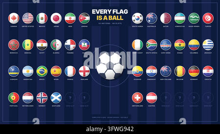 Collection of 3D spherical national flags arranged on a dark blue soccer field background. Stock Vector