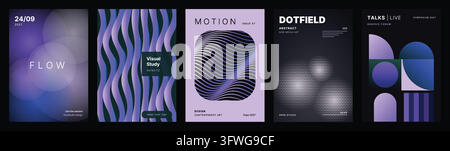 Collection of contemporary abstract posters featuring geometric shapes, fluid gradients, and dynamic wavy lines in purple and dark tones. Stock Vector
