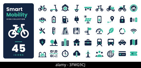 A comprehensive vector icon set displaying forty-five smart mobility symbols, electric vehicles, and transportation elements. Stock Vector