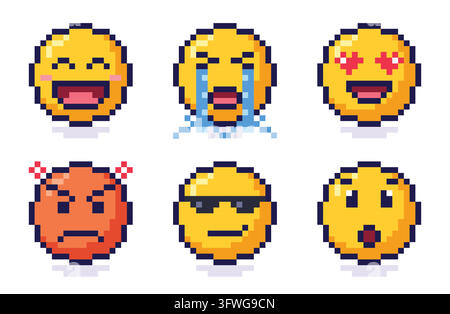 A charming vector set of six pixel art emoticons displaying different facial expressions, emotions, and reactions in a retro style. Stock Vector