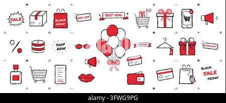 A comprehensive collection of hand-drawn vector icons and elements for shopping and sales events, featuring gift boxes, shopping carts, balloons. Stock Vector