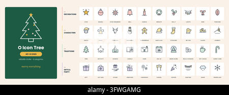 A comprehensive collection of minimalist Christmas vector icons featuring editable strokes and pastel colors. Stock Vector