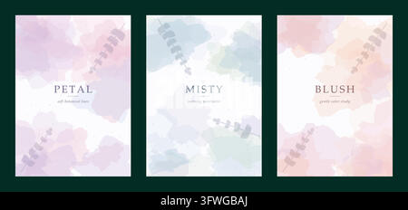 A stylish collection of three vertical vector cards featuring soft pastel watercolor backgrounds, delicate botanical branches, and minimalist typograp Stock Vector