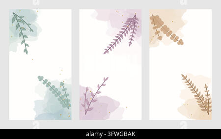 A stylish collection of three vertical vector cards featuring soft pastel watercolor splashes, delicate botanical branches, and minimalist layouts. Stock Vector