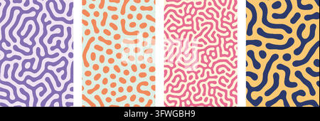 A vibrant collection of four vertical vector banners featuring seamless organic Turing patterns, reaction-diffusion textures, and playful pastel color Stock Vector