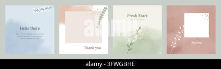 A stylish collection of four square vector cards featuring soft pastel watercolor backgrounds, delicate botanical elements, and placeholder frames. Stock Vector