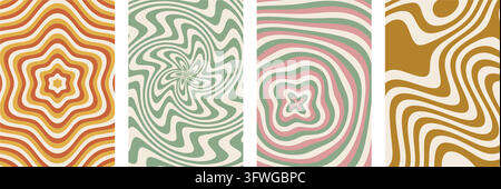 A vibrant collection of four abstract vector patterns featuring optical illusions, psychedelic waves, and geometric line art. Stock Vector